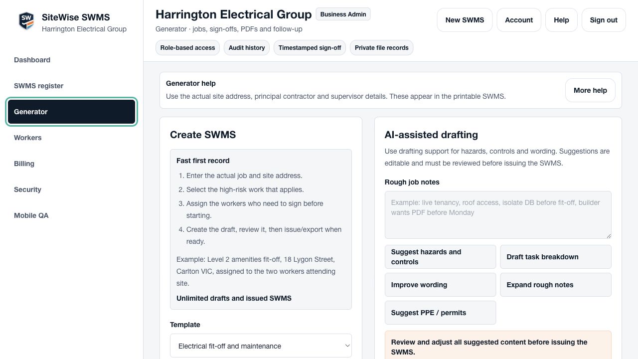 SiteWise SWMS generator screen with site details and drafting controls