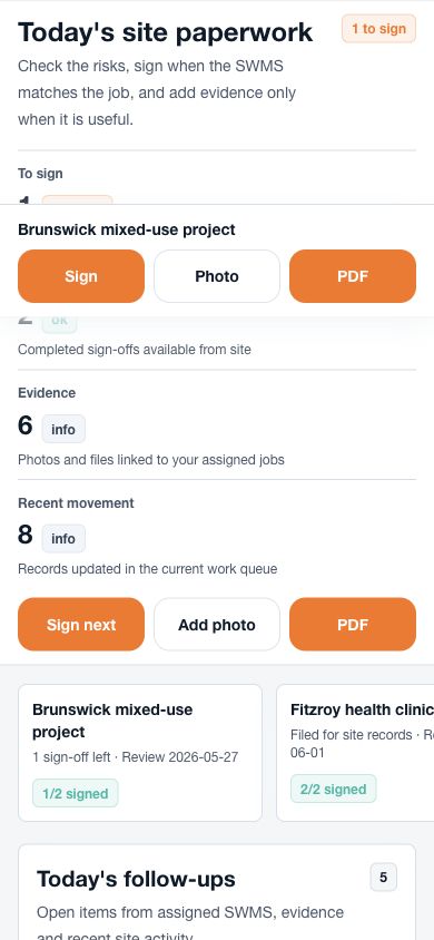 Mobile worker sign-off screen with Sign, Photo and PDF actions