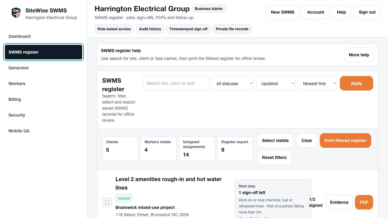 SiteWise SWMS register with search, filters and PDF actions